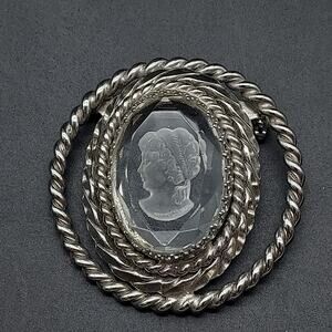 Vintage Intaglio Cameo Brooch Clear Lucite Silver Tone Lady Head Portrait